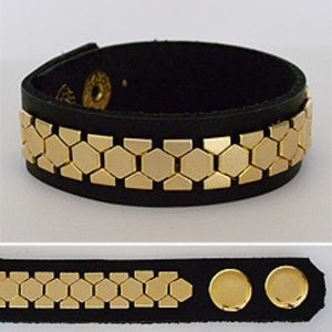 Zzan Gold Mosaic on Black Leather Cuff Bracelet